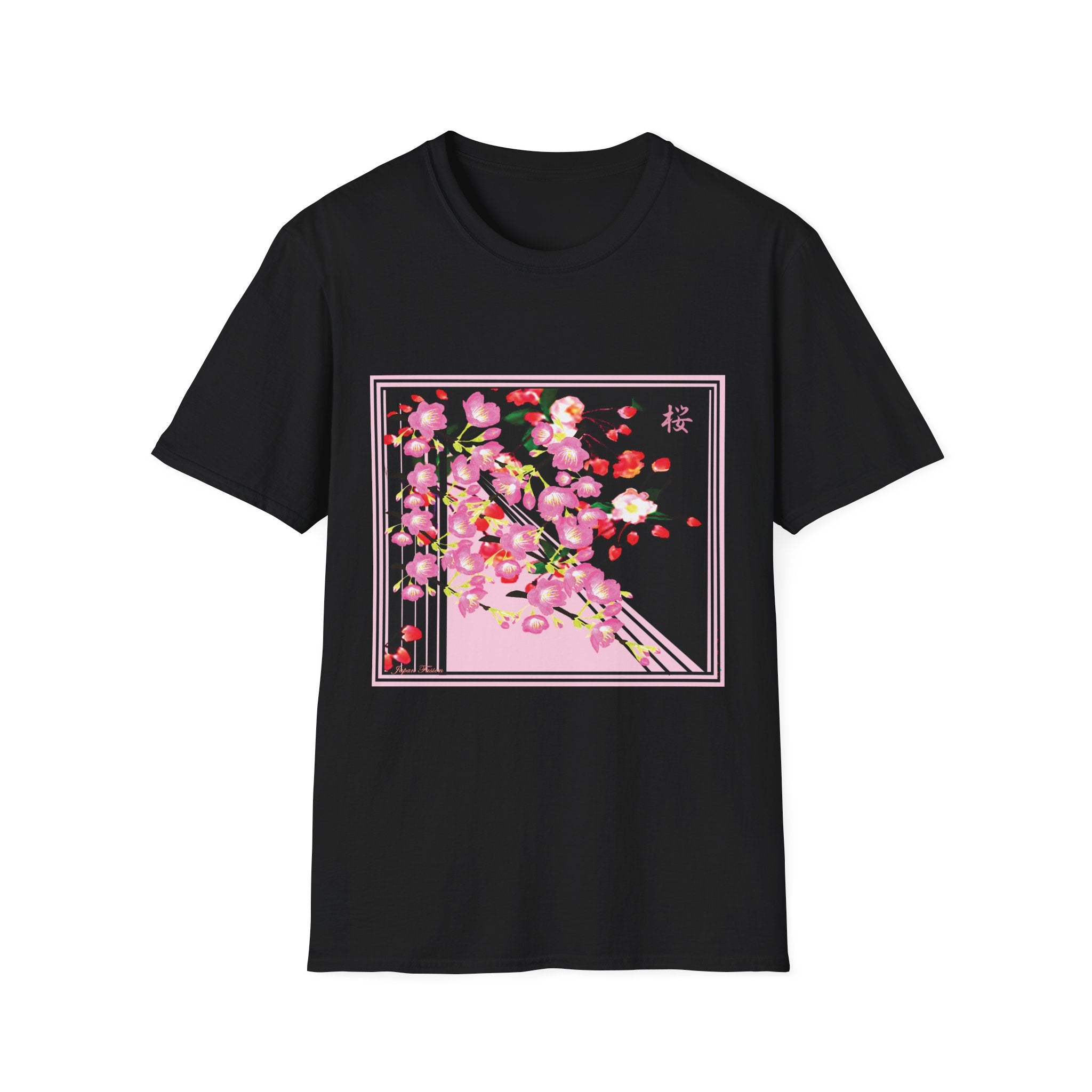 Black t-shirt with a floral design on a white background