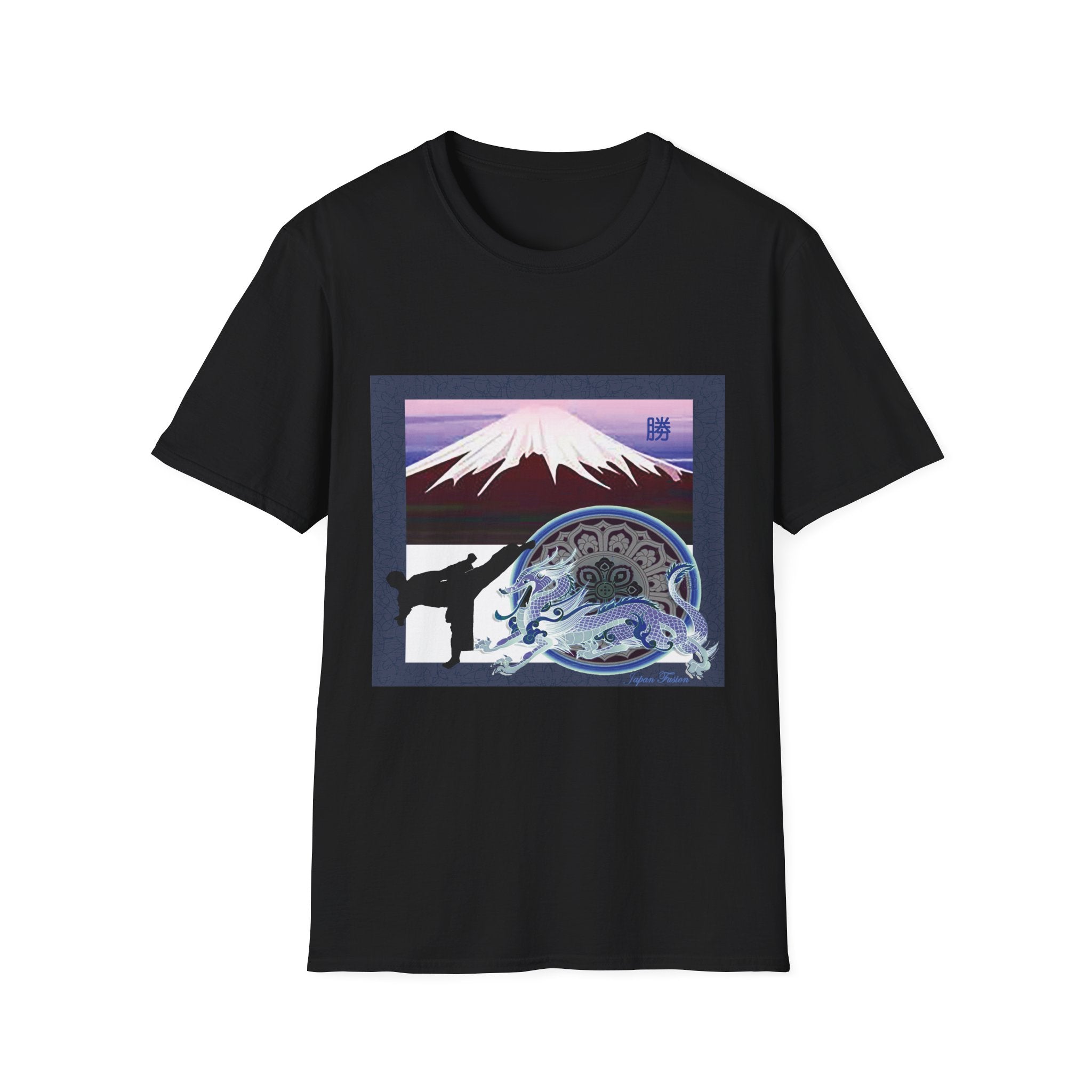 Black t-shirt with a graphic design of Mount Fuji and a dragon on a white background