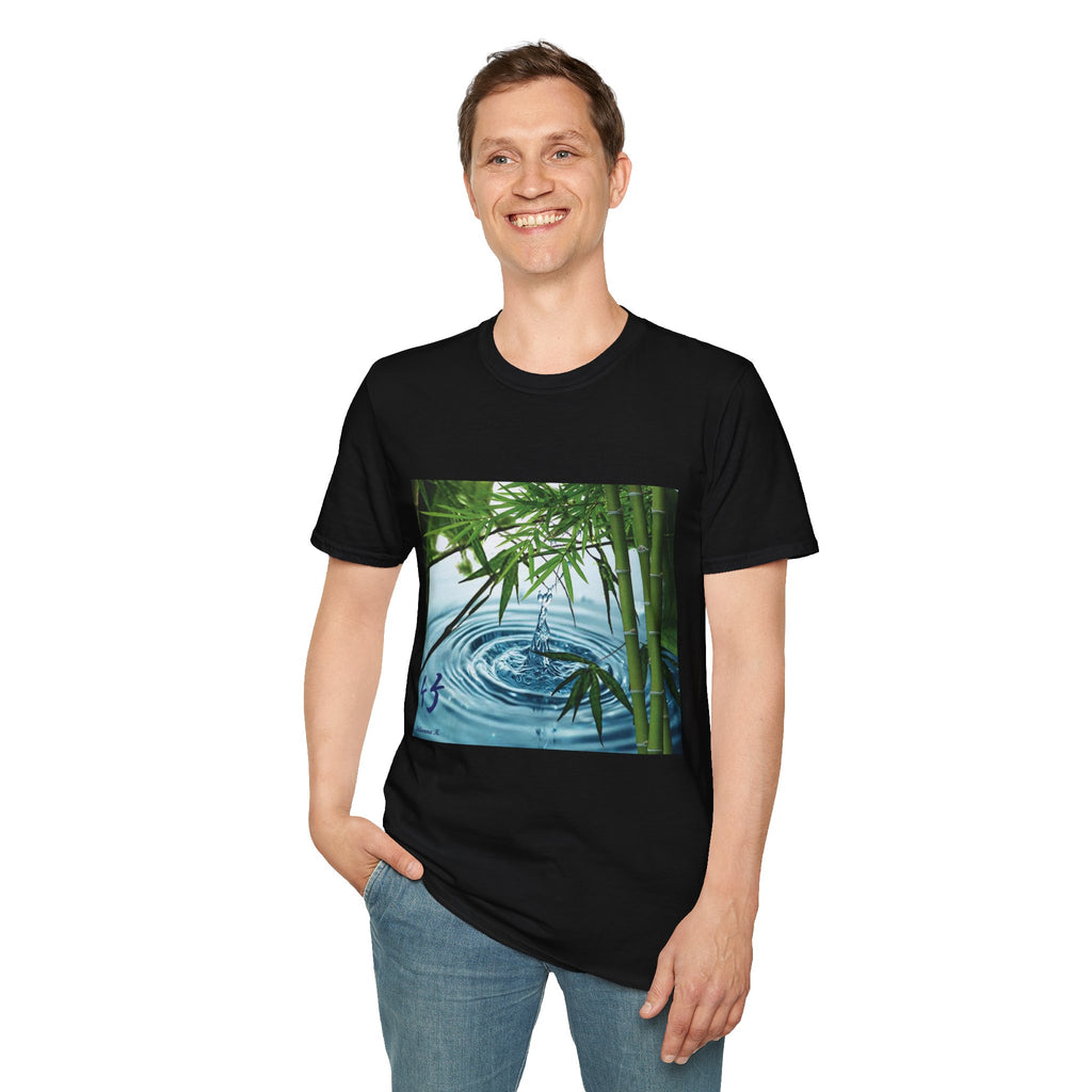 Male wearing a black t-shirt with a nature-themed design on a white background