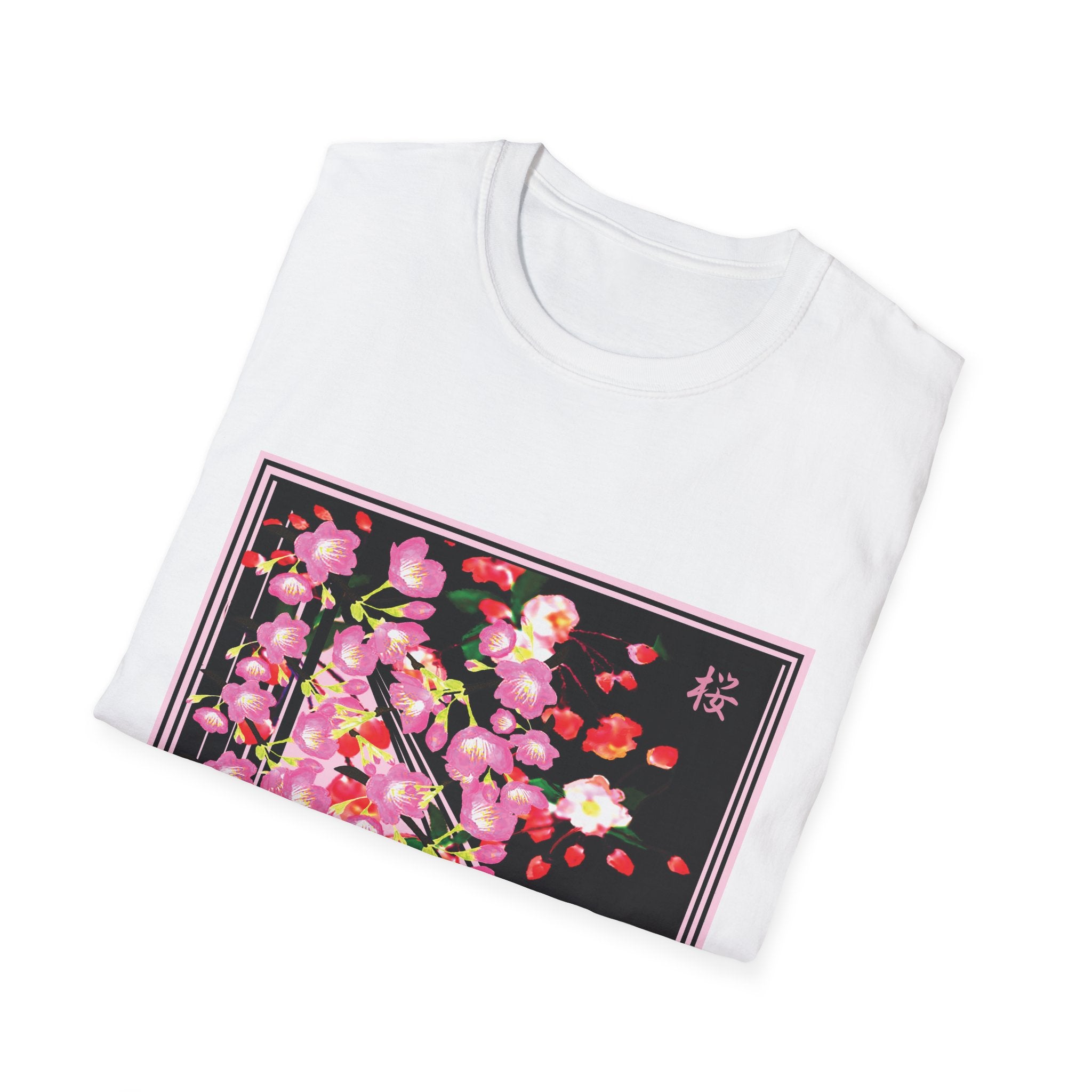 White t-shirt with a floral design on a white background