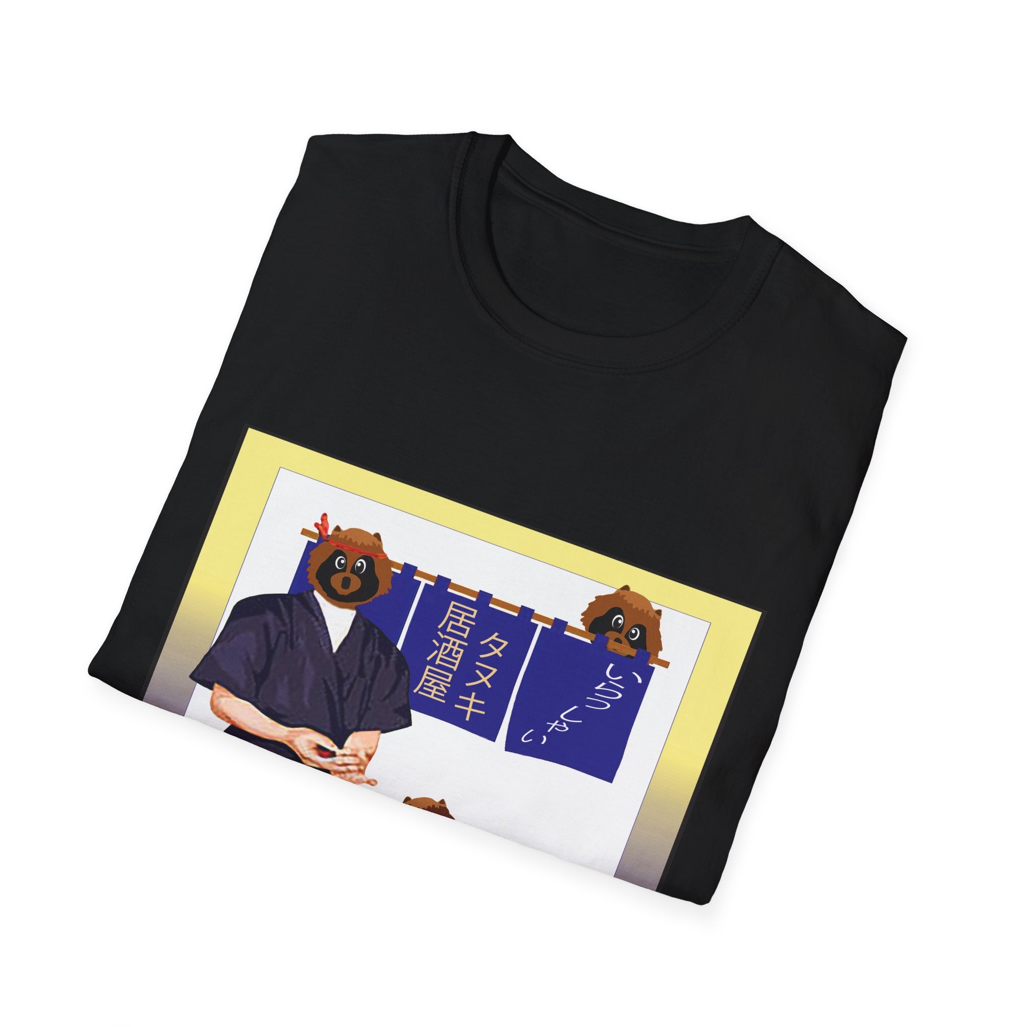 Black t-shirt with a graphic design featuring a person in traditional attire and two dogs on a white background.