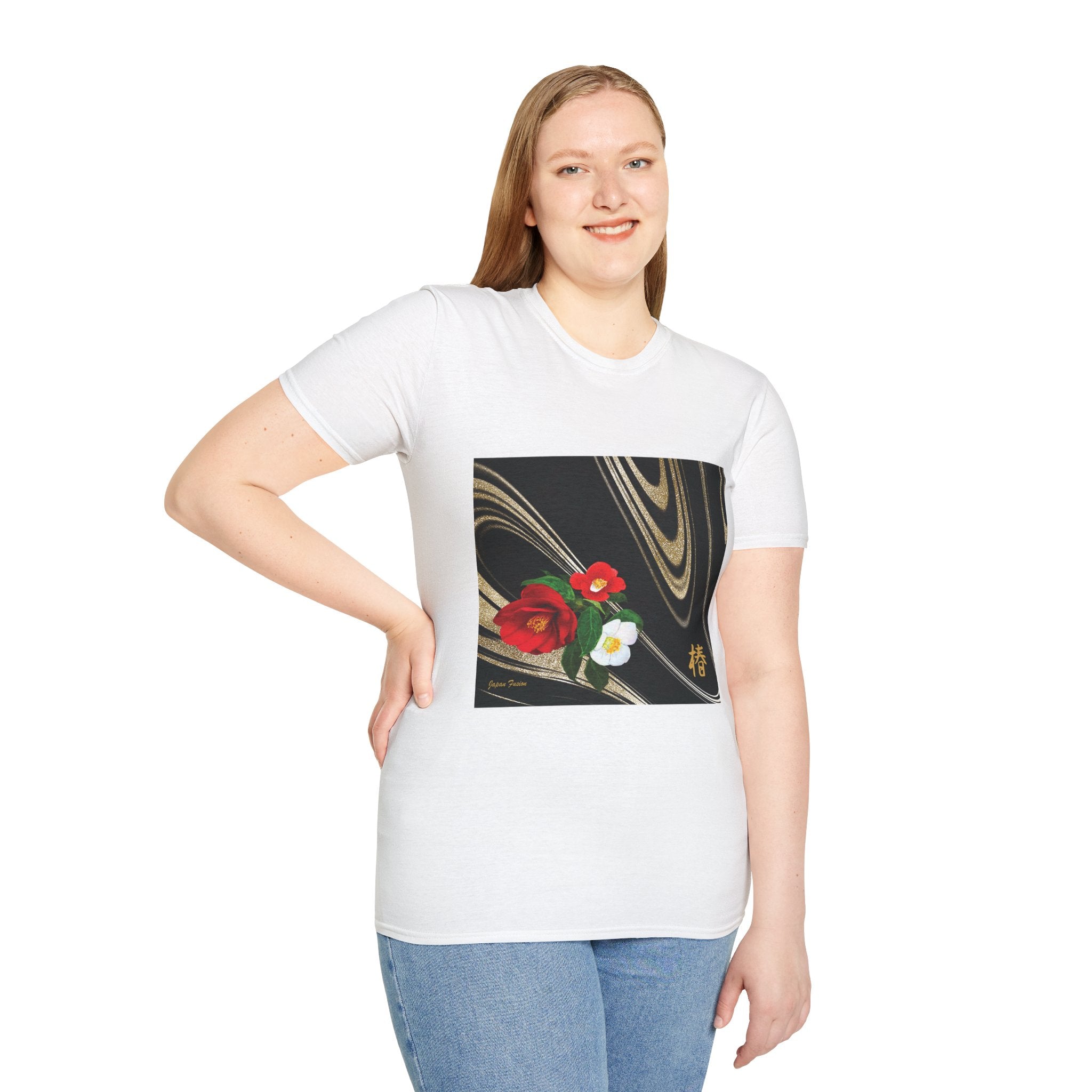 Female wearing a white t-shirt with a floral design on a plain background