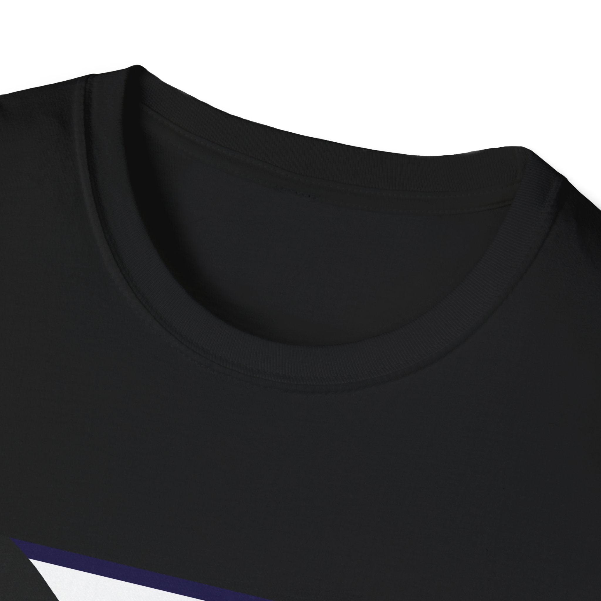Close-up of a black t-shirt collar with a white triangle design on a white background