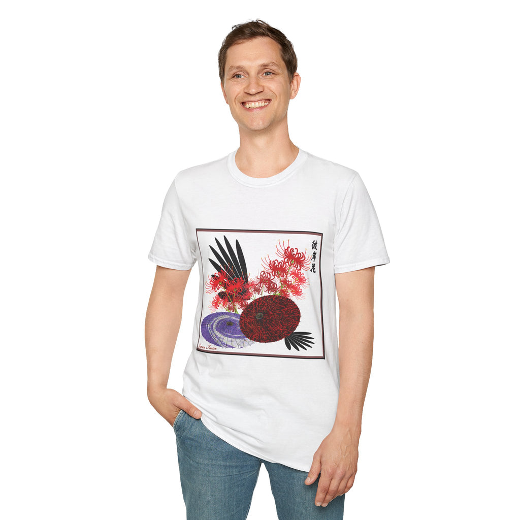 Male wearing a white t-shirt with a colorful graphic design on a white background