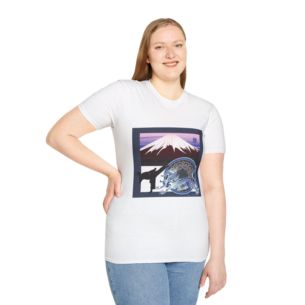 Female wearing a white t-shirt with a graphic design on a plain background