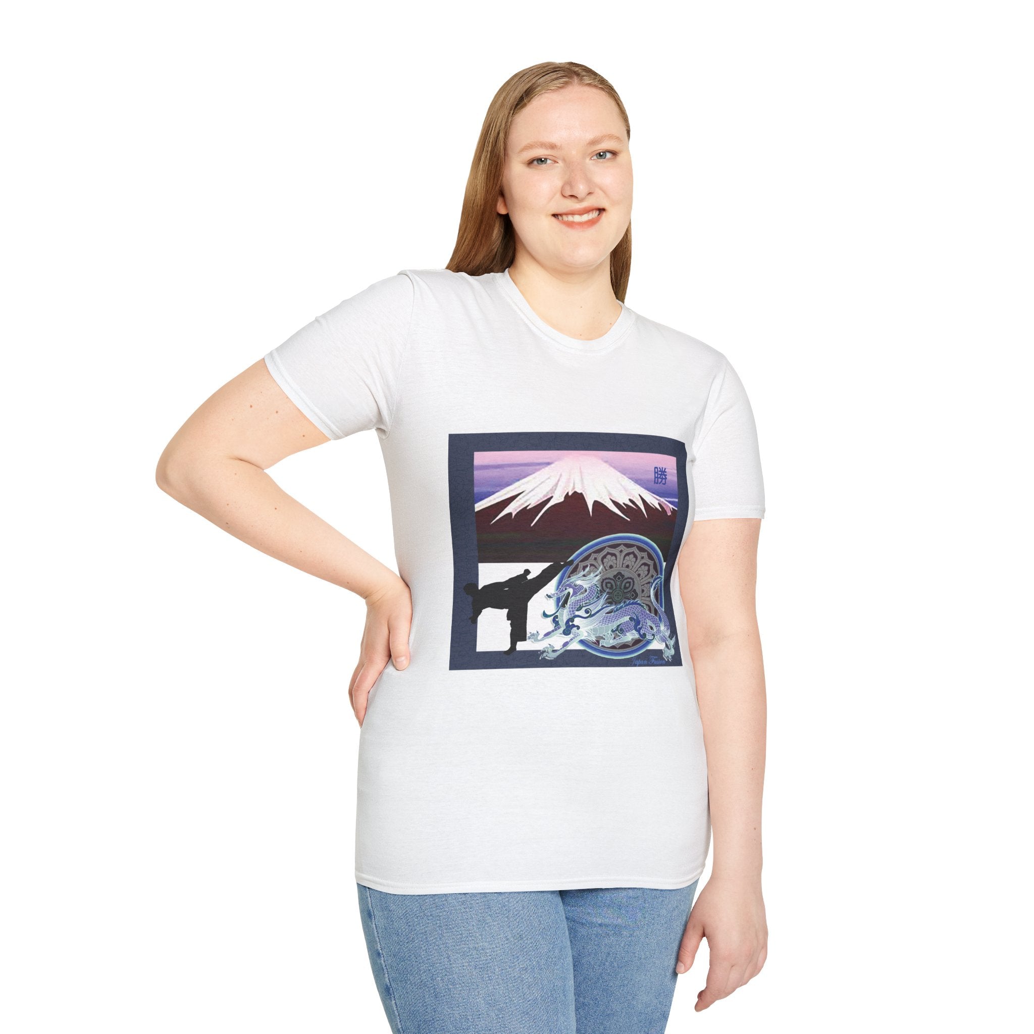 Female wearing a white t-shirt with a graphic design on a plain background