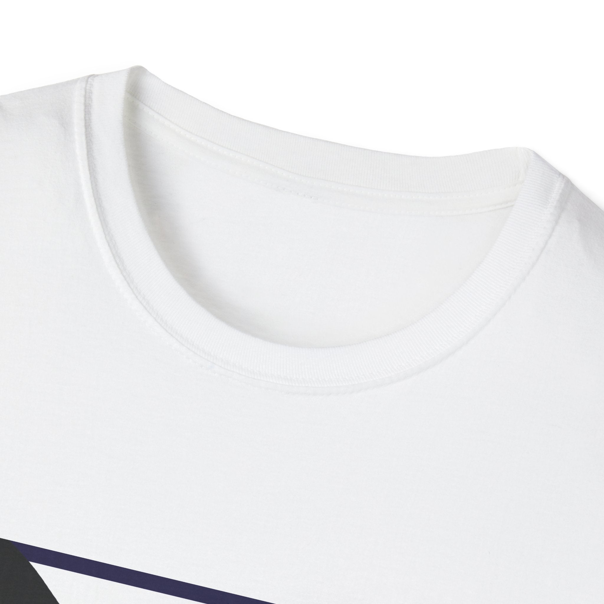 Close-up of a white t-shirt with a small black logo on a white background