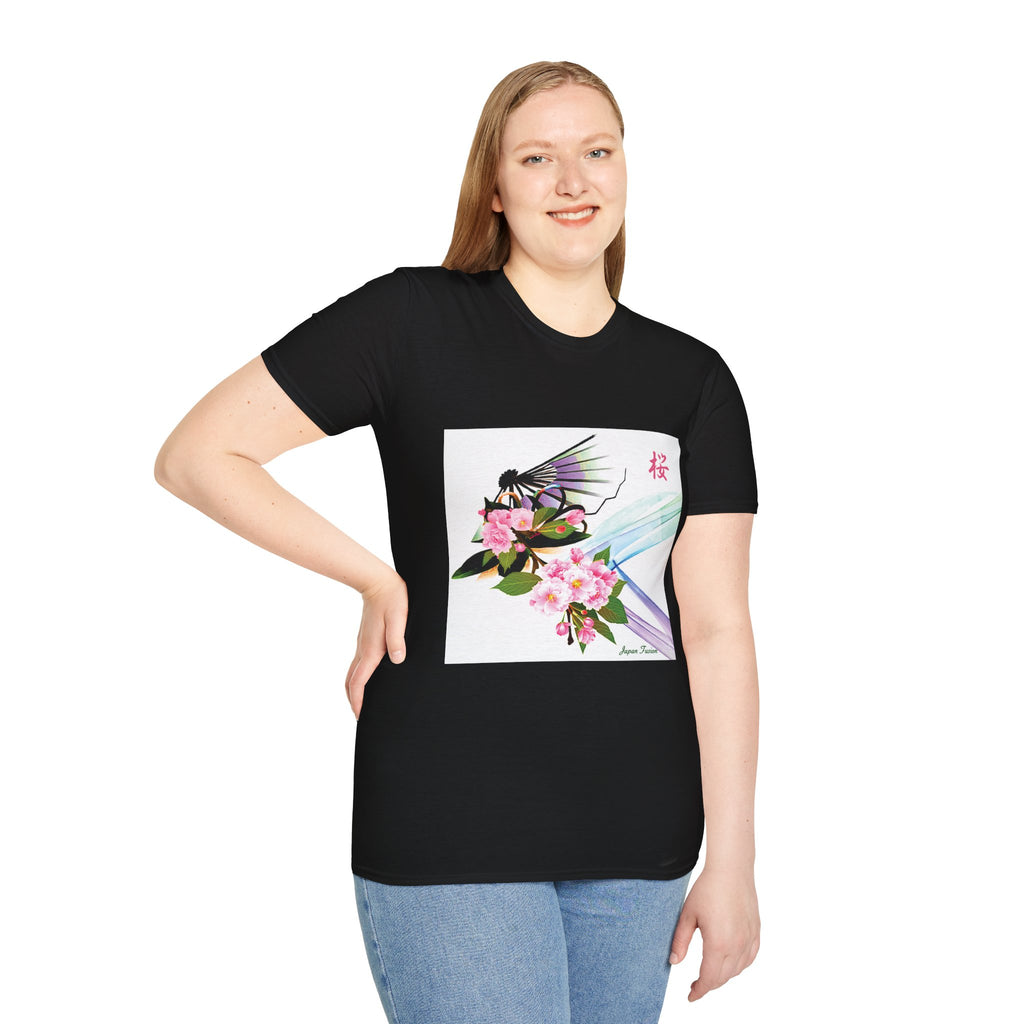 Female wearing a black t-shirt with a colorful graphic design on a white background