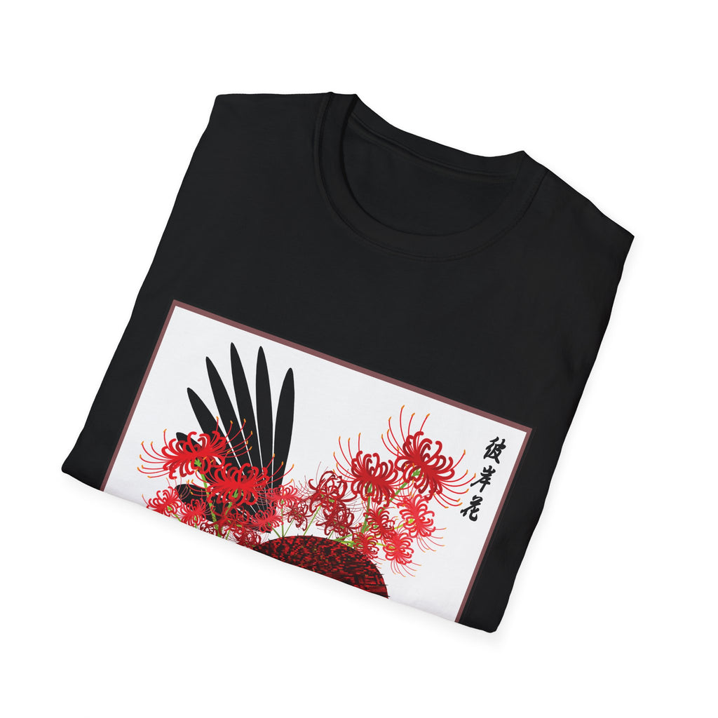 Black t-shirt with red and black floral design on a white background