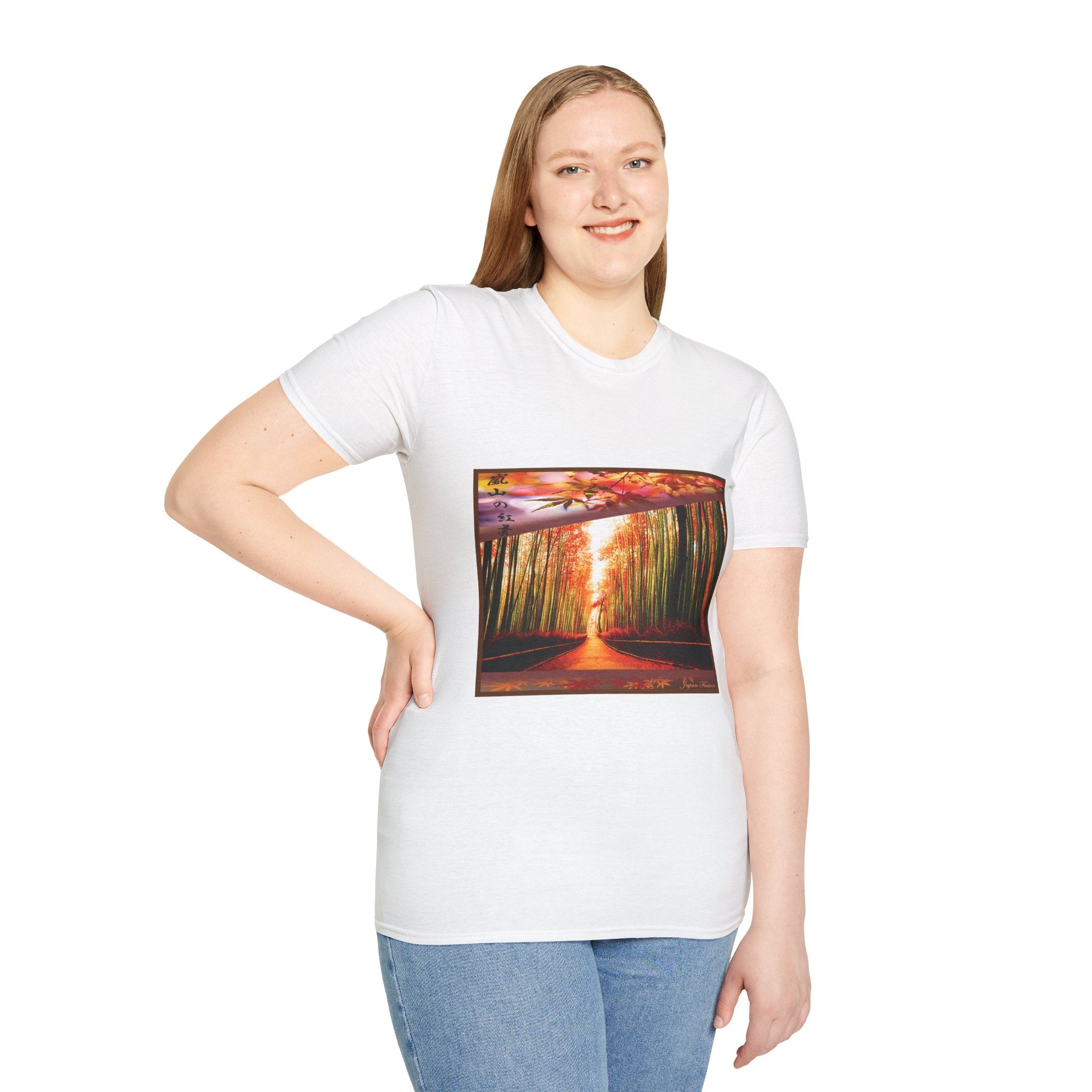 Female wearing a white t-shirt with a nature-themed graphic design on a white background