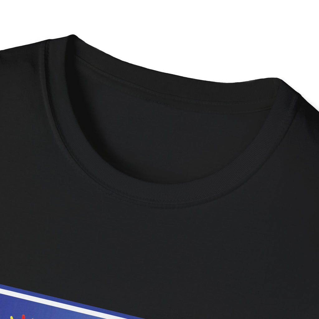 Close-up of a black shirt with a colorful stripe on a white background