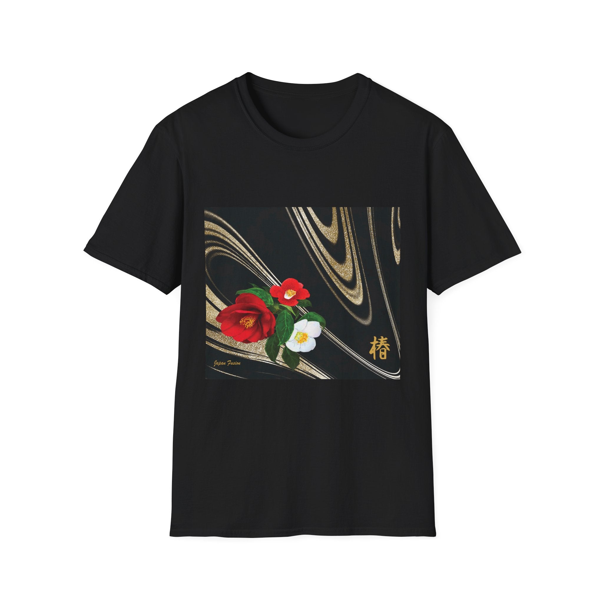 Black t-shirt with floral design and text on a white background