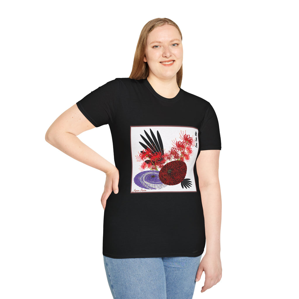 Female wearing a black t-shirt with a colorful design on a white background