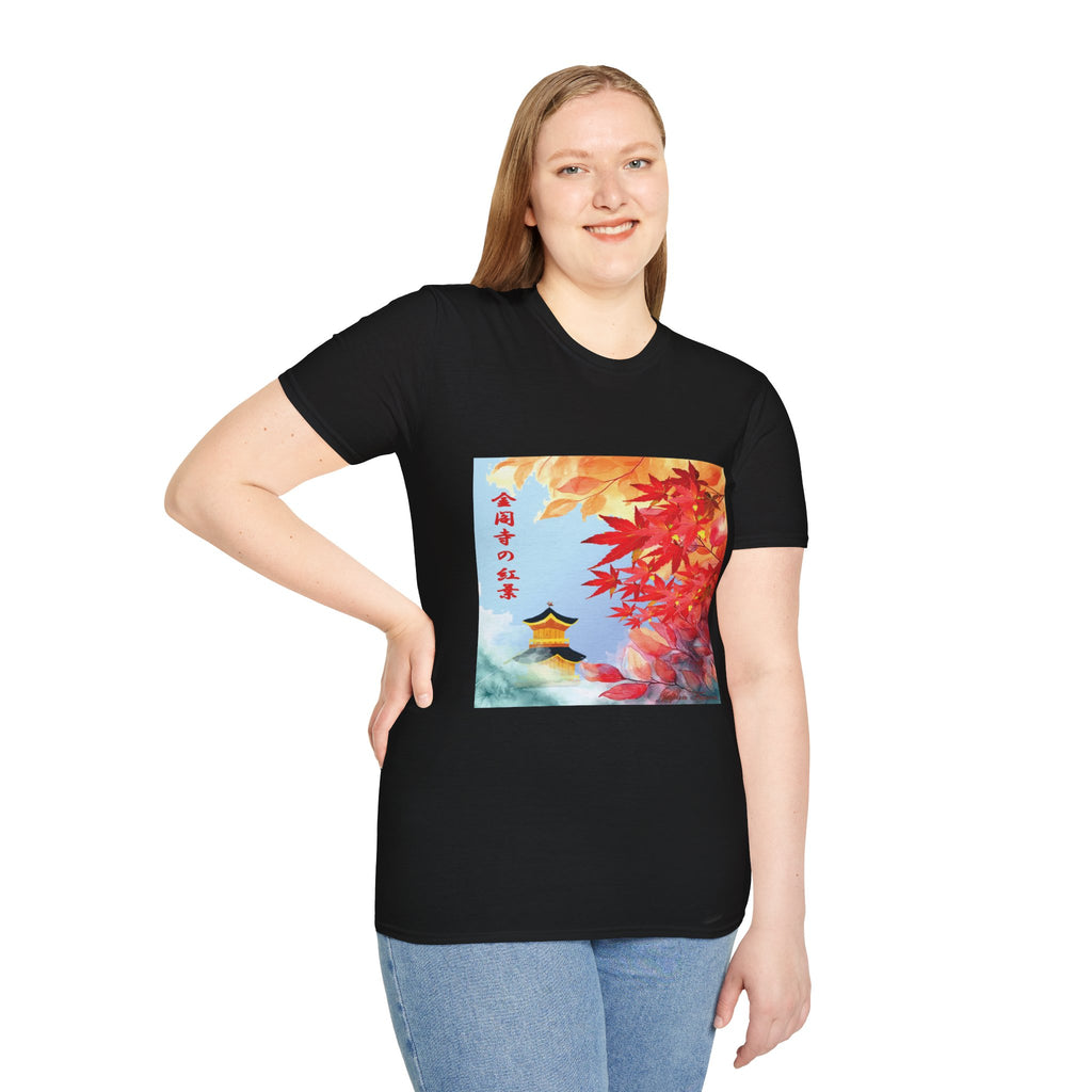 Female wearing a black t-shirt with a colorful design of a pagoda and autumn leaves.