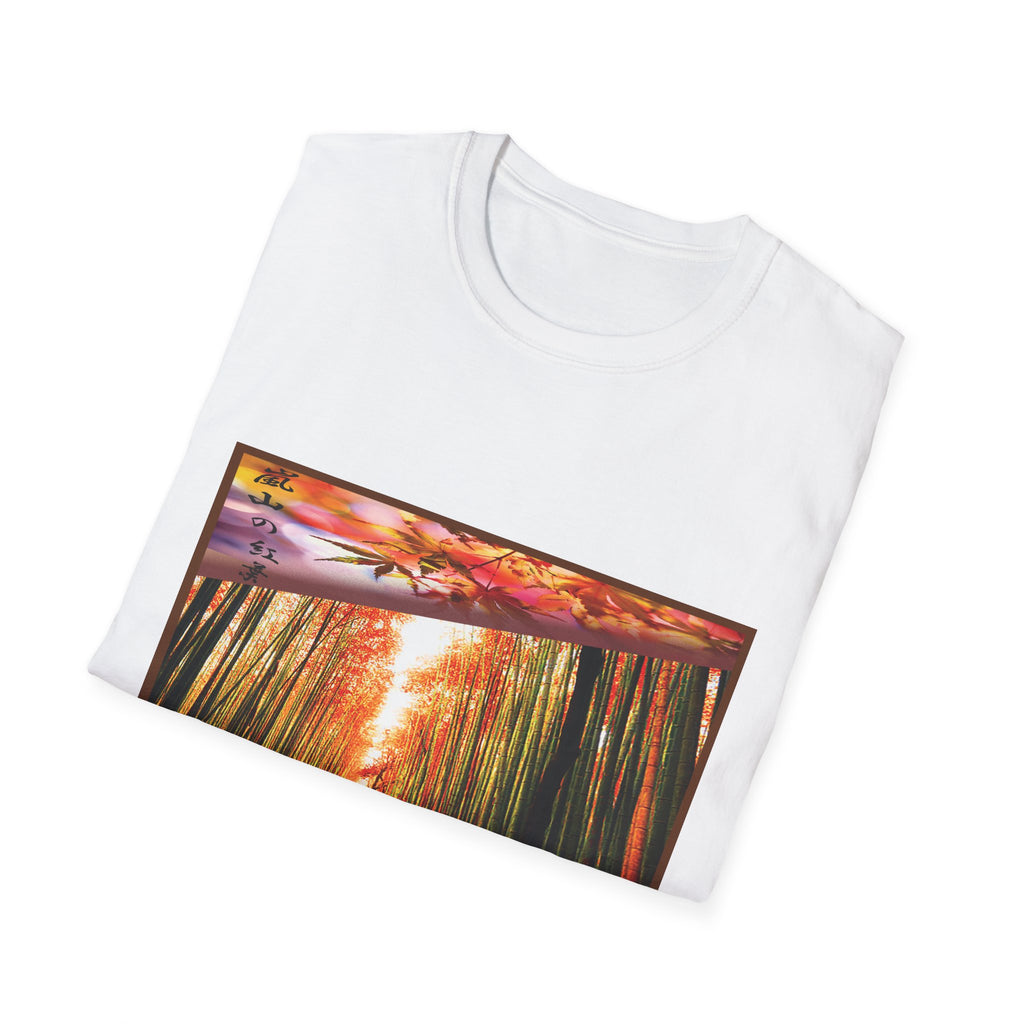 White t-shirt with a colorful nature graphic on a white background