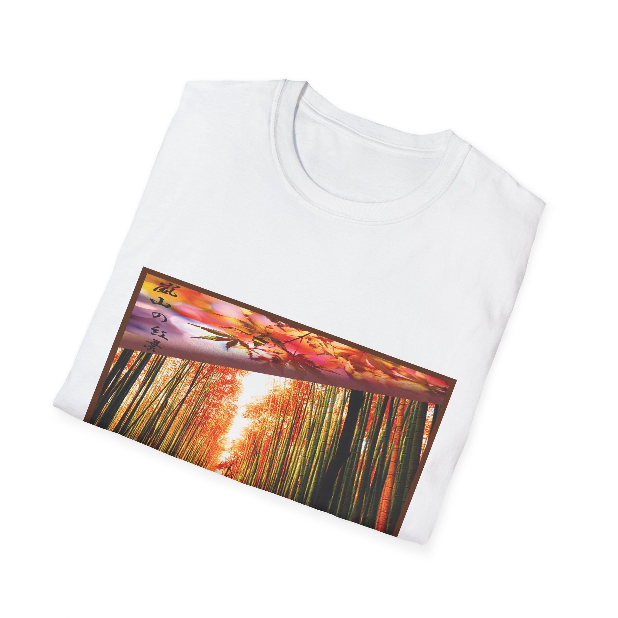 White t-shirt with a colorful nature graphic on a white background