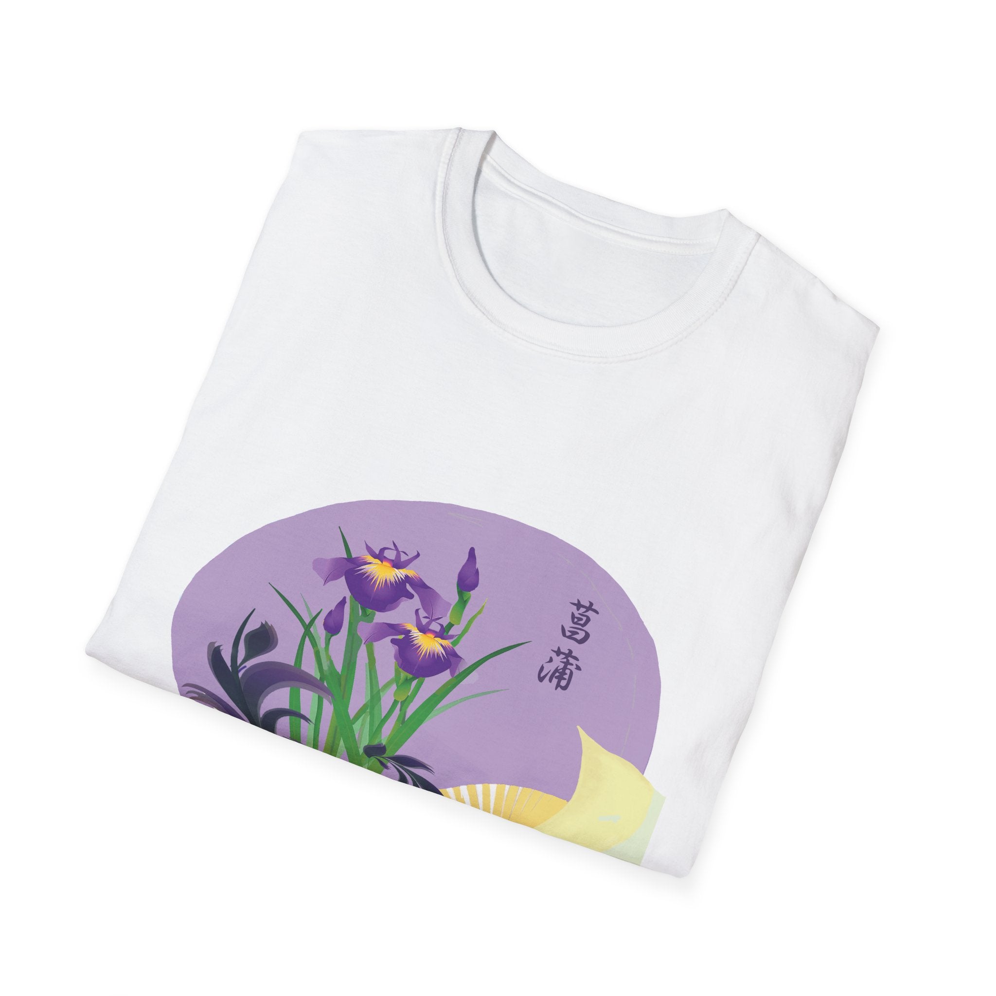 White t-shirt with a purple floral design on a white background