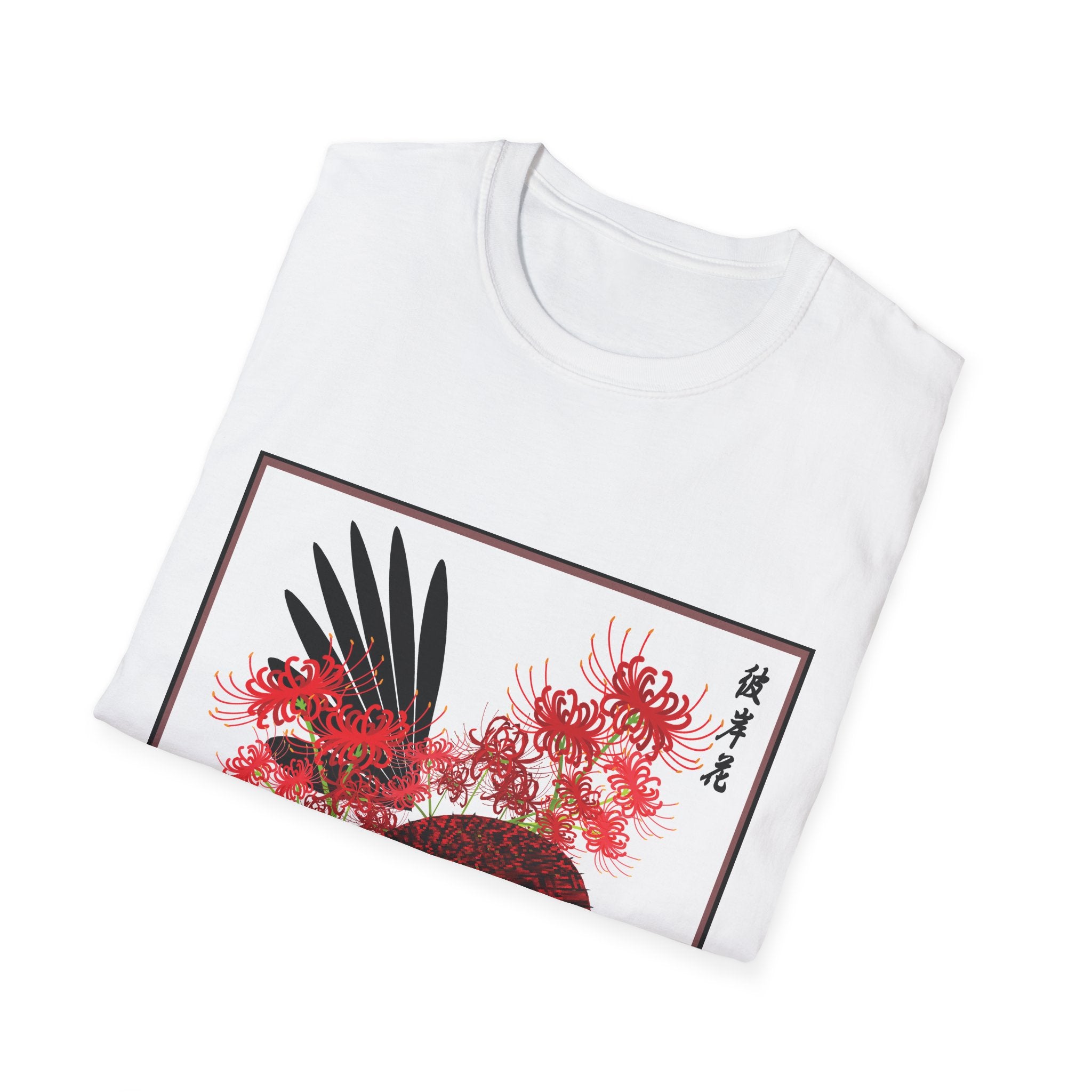 White t-shirt with red floral design on a white background