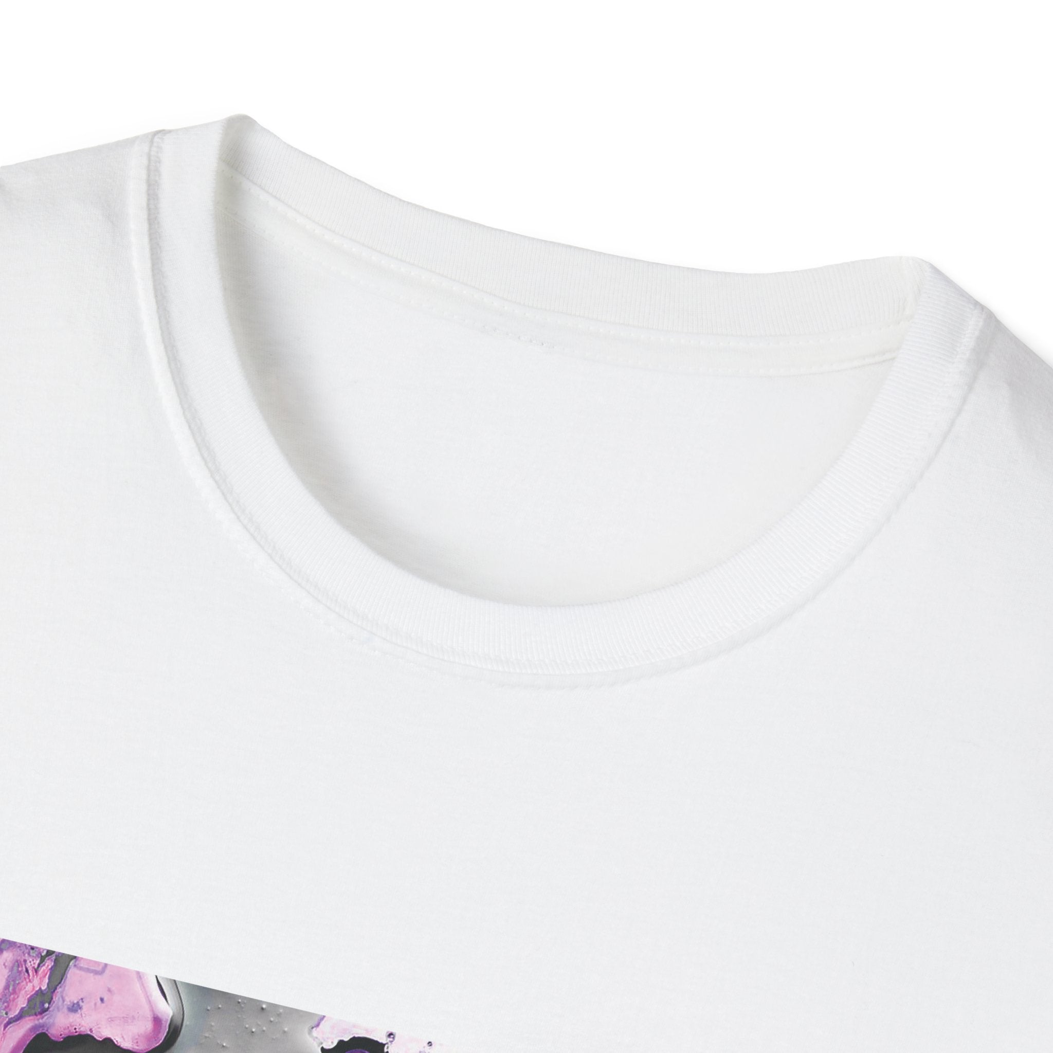 Close-up of a white t-shirt with a colorful design on a white background