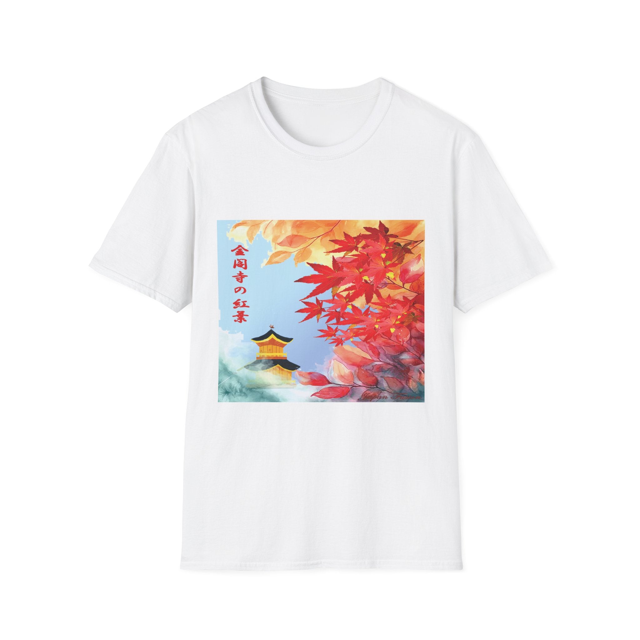 White t-shirt with a colorful graphic of a traditional Japanese building and autumn leaves on a white background