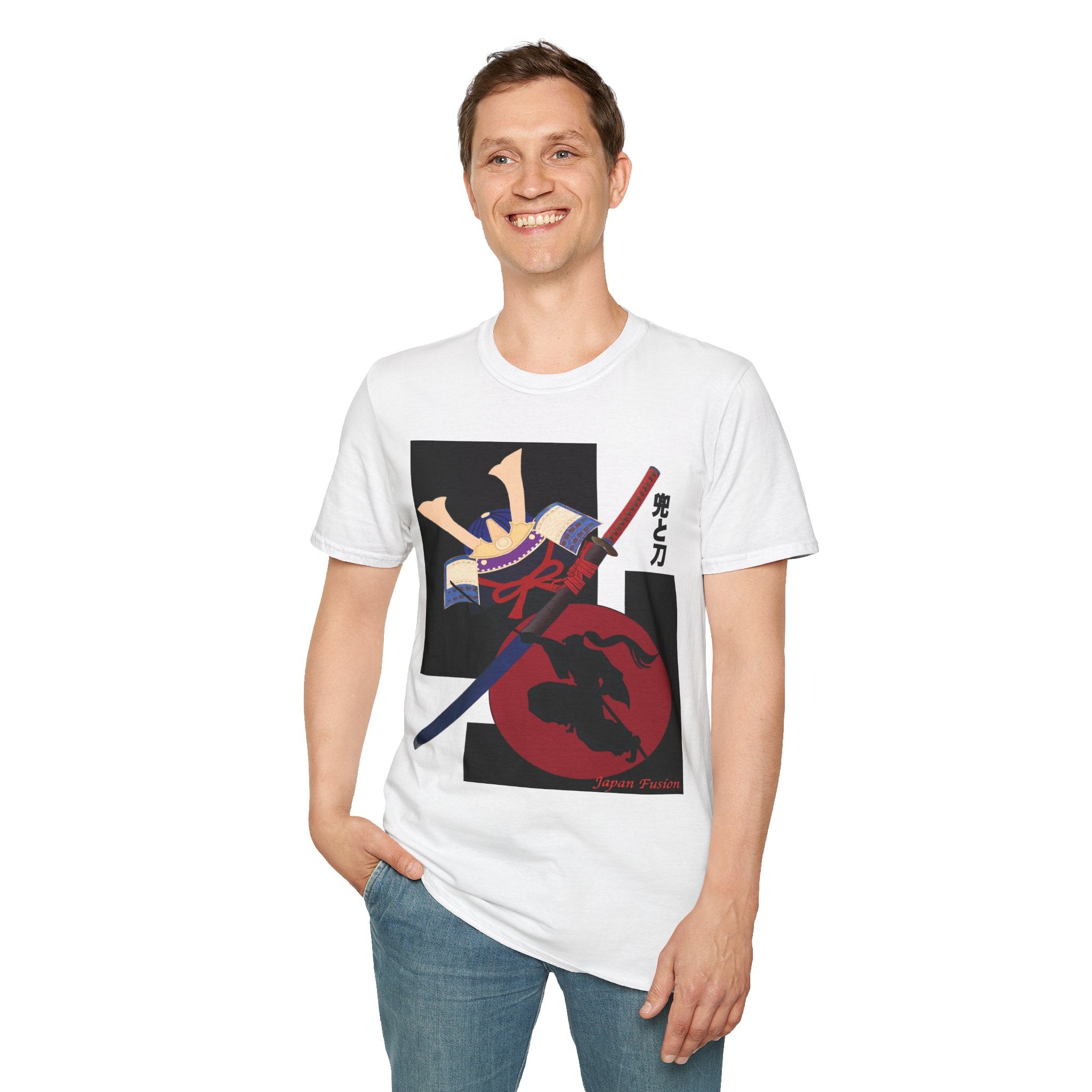 Male wearing a white t-shirt with graphic designs on a white background
