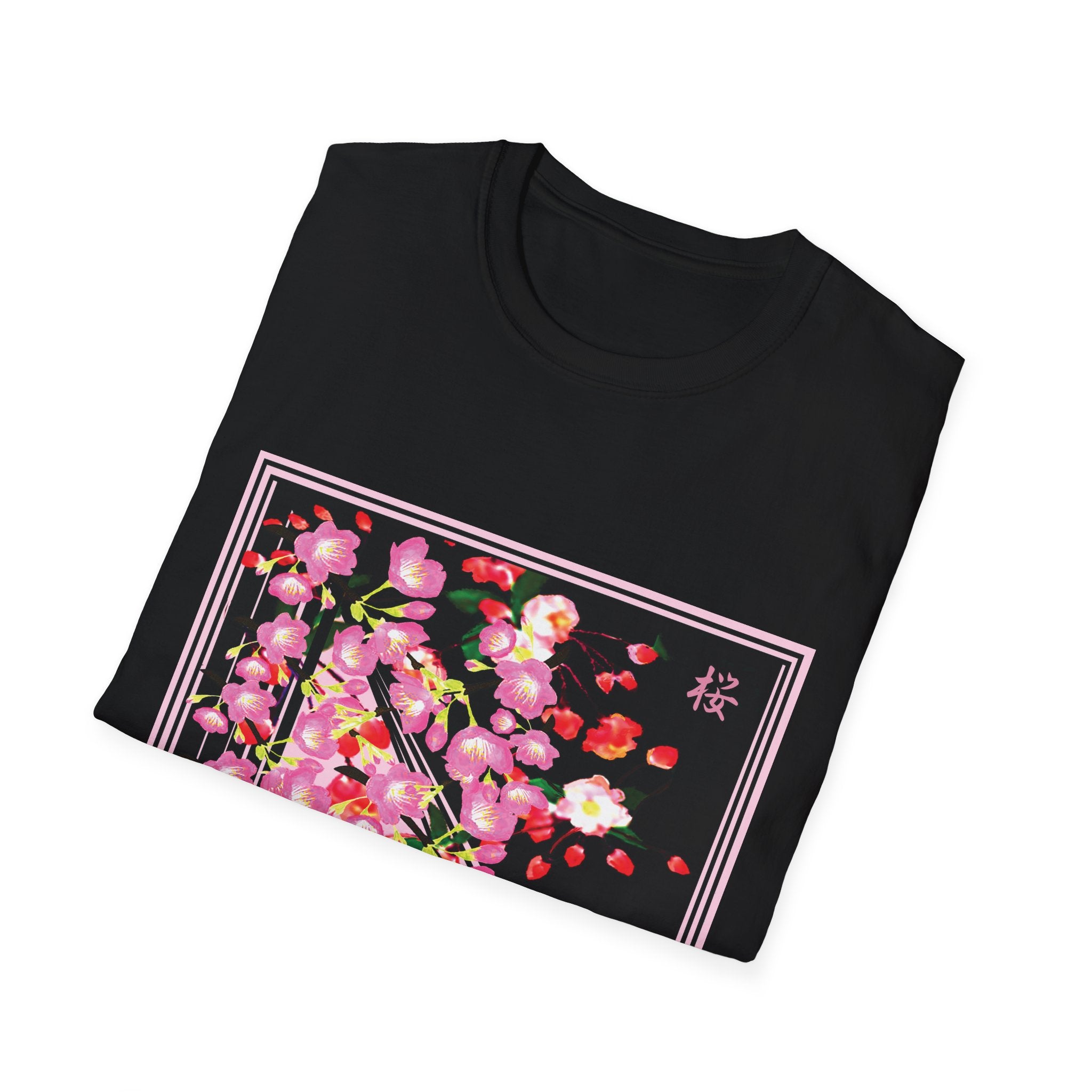 Black t-shirt with cherry blossom design on a white background