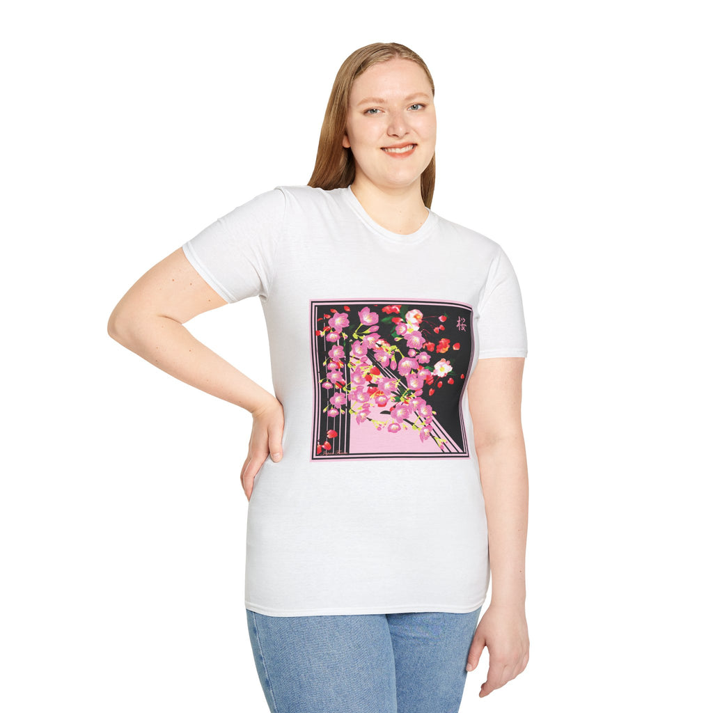 Woman wearing a white t-shirt with a colorful graphic design on a white background