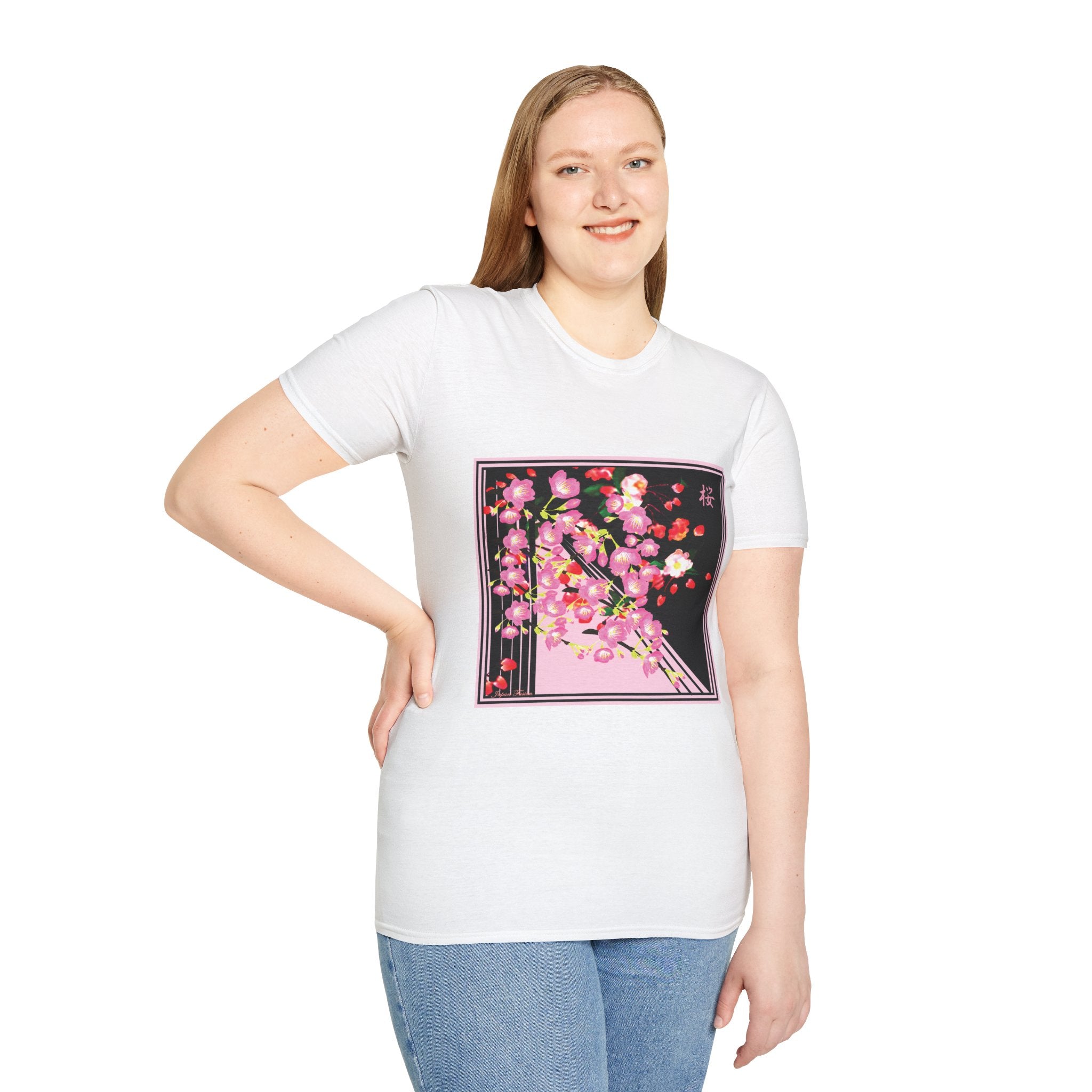 Woman wearing a white t-shirt with a colorful graphic design on a white background