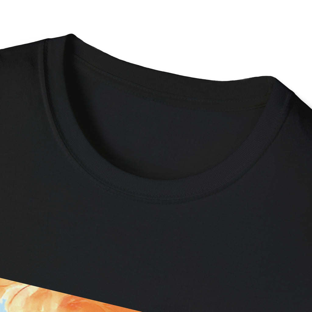 Close-up of a black t-shirt with a colorful design on a white background