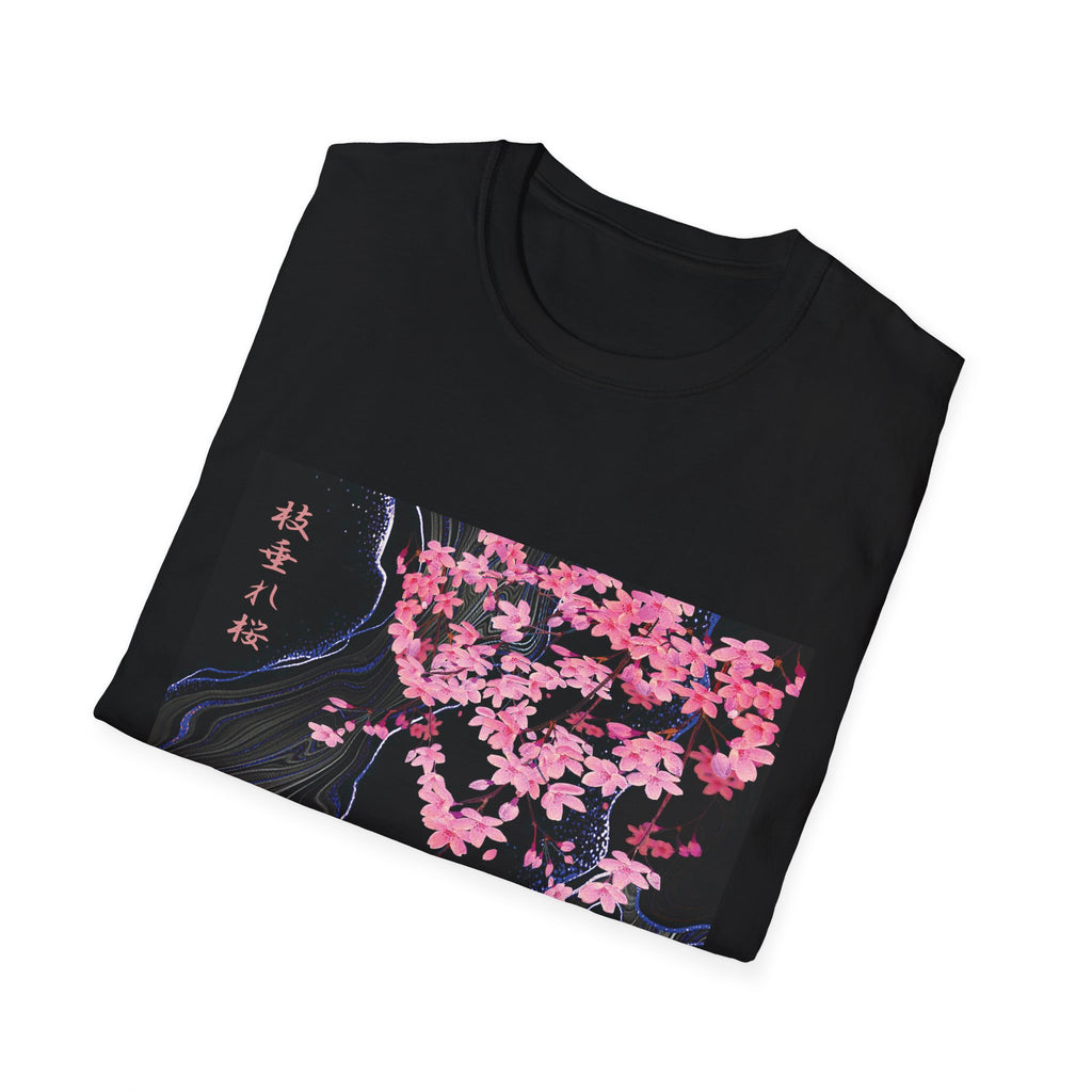 Folded black t-shirt with pink floral design on a white background