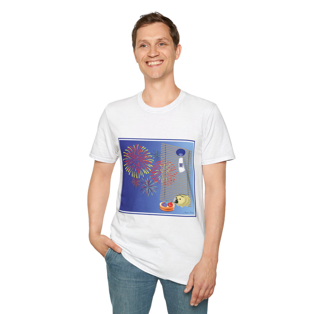 Person wearing a white t-shirt with a colorful graphic design on a white background