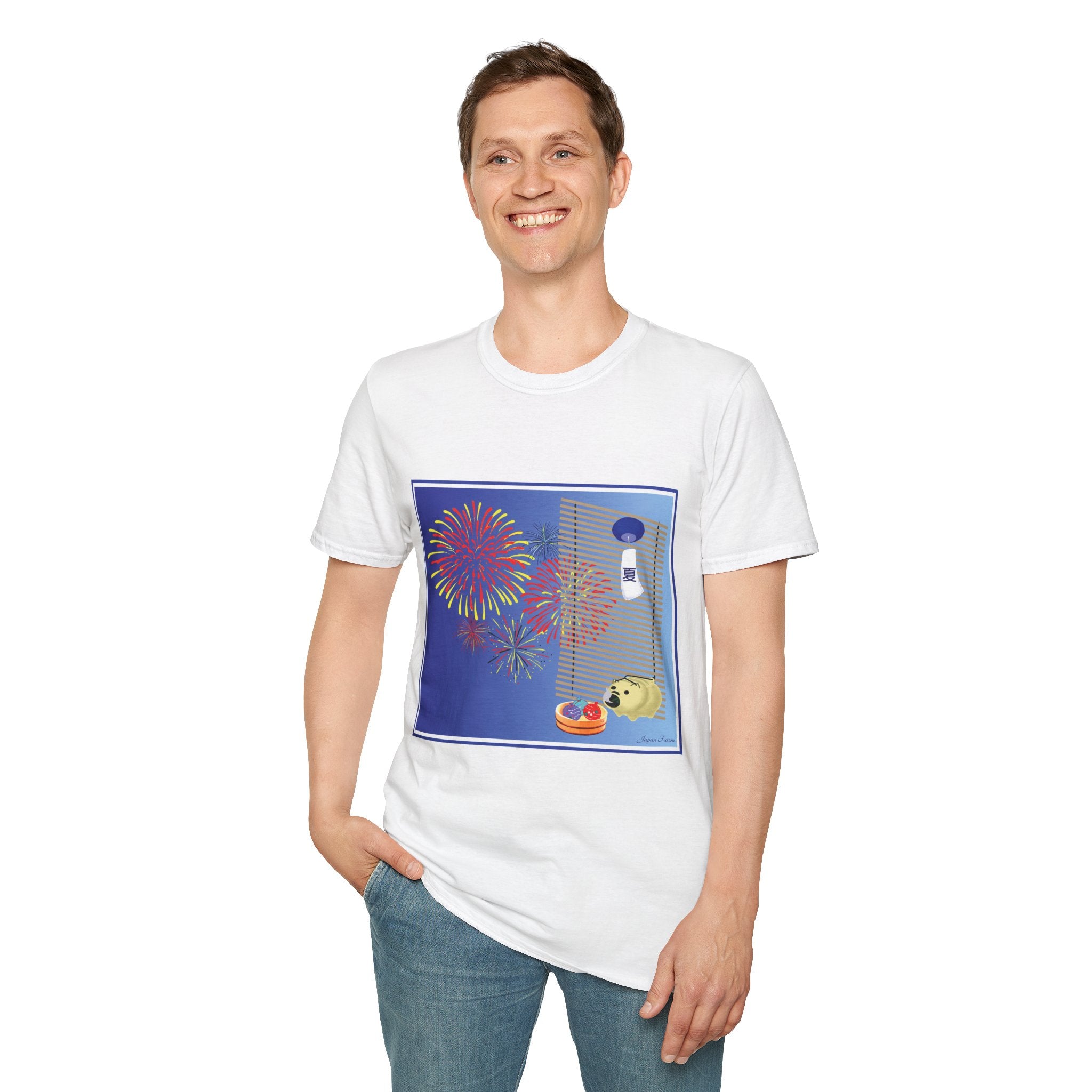 Person wearing a white t-shirt with a colorful graphic design on a white background